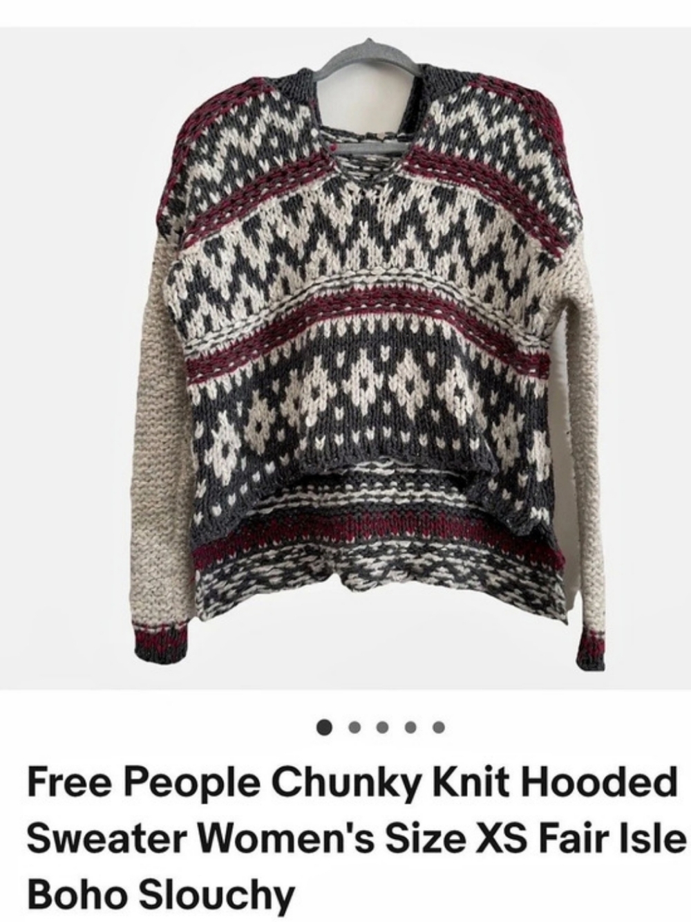 Free People Fair Isle Chunky Knit Hooded Sweater Gray & White XS